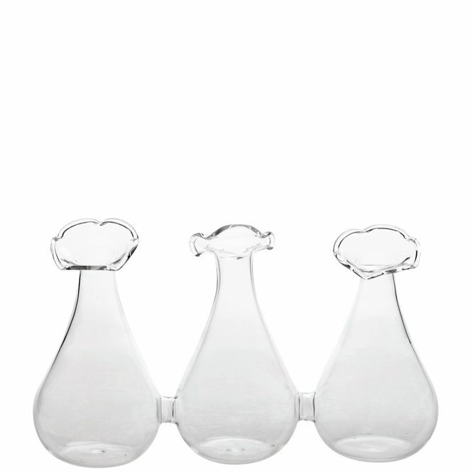 Hovedbilde 3 små vaser i klart glass hengende sammen 